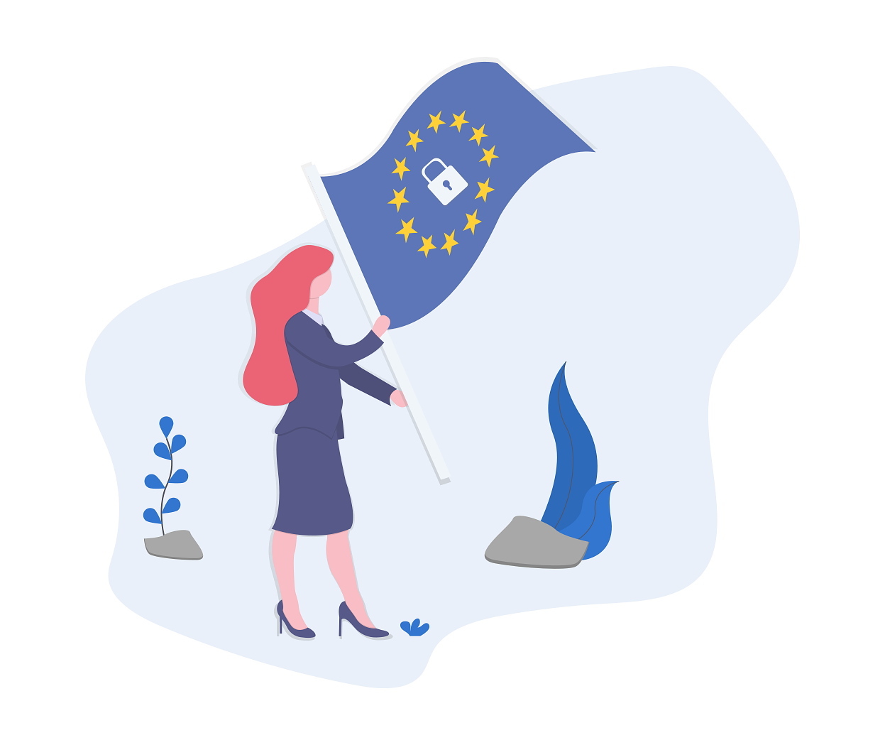 Woman planting an EU flag with a security symbol in the middle into the ground.